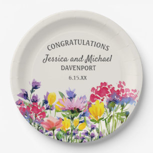 Boho Purple Watercolor Wildflowers Cream Wedding   Paper Plate