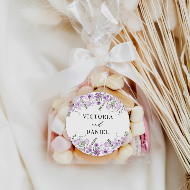Boho Purple Wedding Favours Classic Round Sticker (Creator Uploaded)