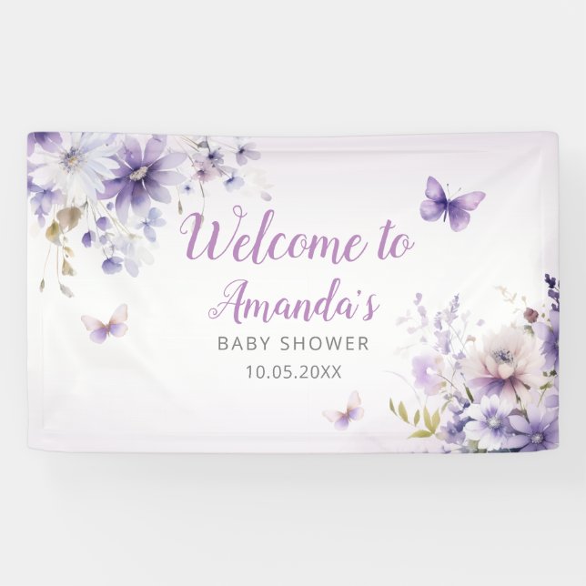 Boho Purple Wildflower Butterfly Girl Baby Shower Banner (Horizontal)