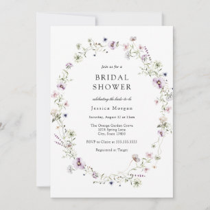 Boho Purple Wildflower Wreath Bridal Shower Invitation