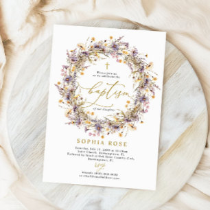 Boho Purple Wildflowers Baptism Invitation