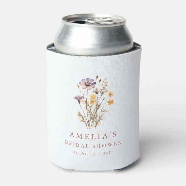 Boho Purple Wildflowers Bridal Shower Custom Can Cooler (Can Front)