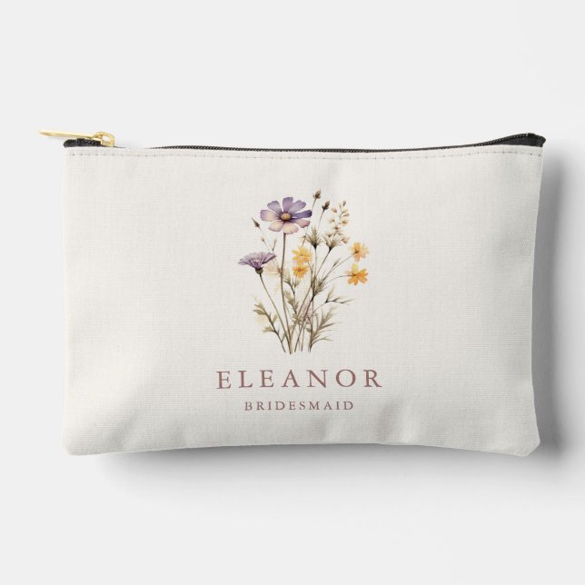 Boho Purple Wildflowers Bridesmaid Name Custom Accessory Pouch (Front)