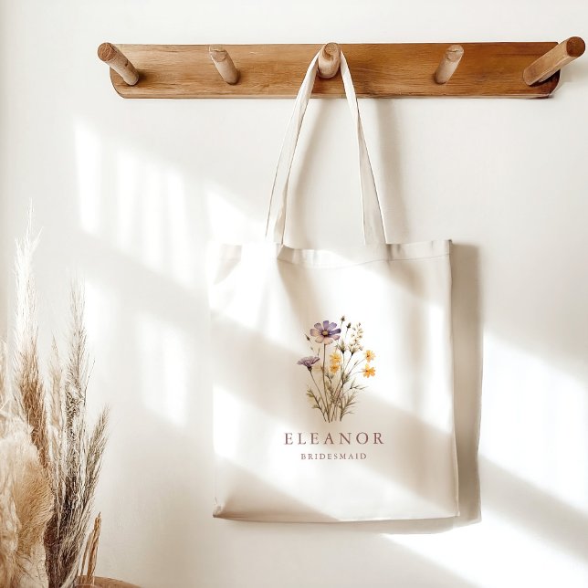 Boho Purple Wildflowers Bridesmaid Name Custom Tote Bag (Creator Uploaded)