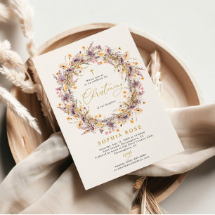 Boho Purple Wildflowers Christening Invitation