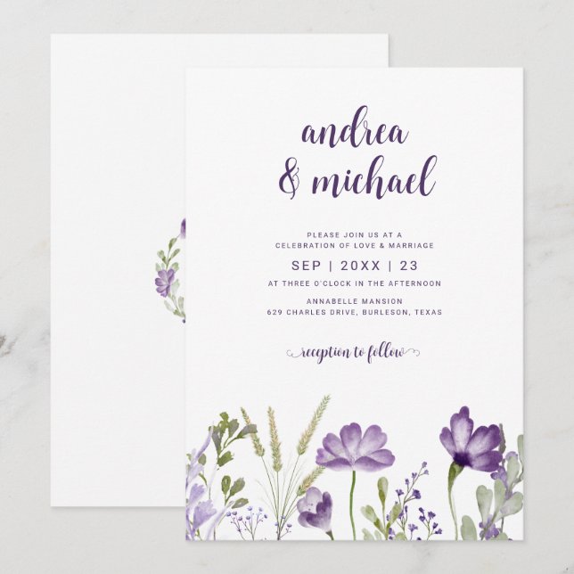 Boho Purple Wildflowers Grass Wedding Invitations (Front/Back)