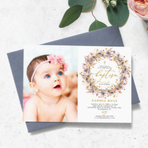 Boho Purple Wildflowers Photo Baptism Invitation
