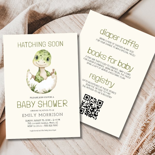 Boho QR Code Dinosaur Hatching Soon Baby Shower Invitation (Creator Uploaded)