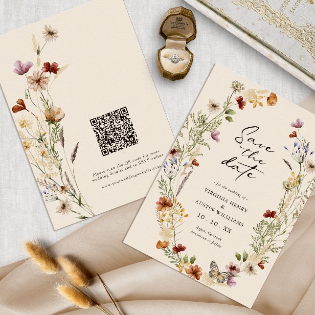 Boho QR Code Save The Date (Tan Wildflower Boho Floral QR Code Save The Date by Painted Paperie
)