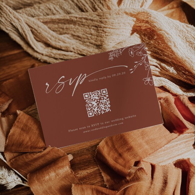 Boho Qr Code Terracotta Burnt Orange Wedding RSVP Card (Creator Uploaded)