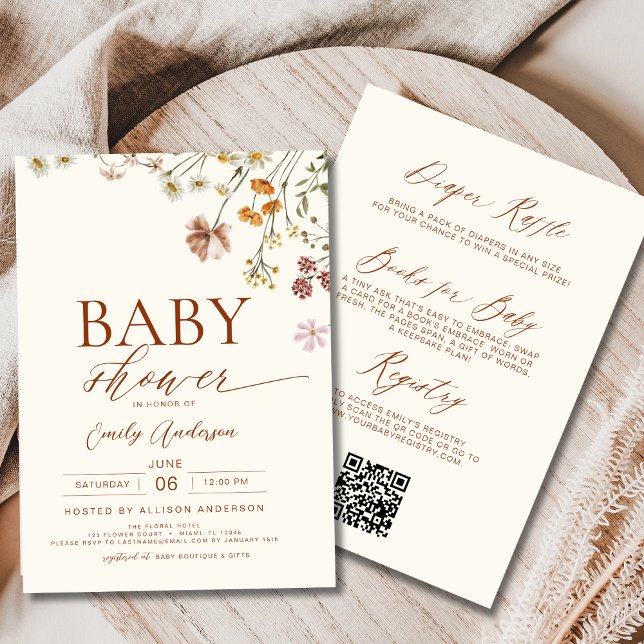 Boho QR Code Wildflower All in One Baby Shower Invitation (Creator Uploaded)