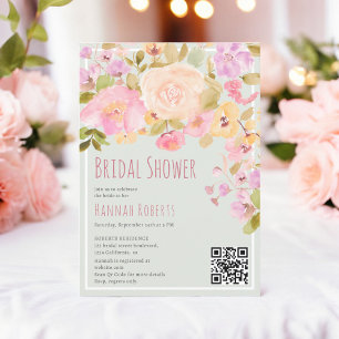 Boho QR Pastel Pink peach Floral Bridal Shower Invitation