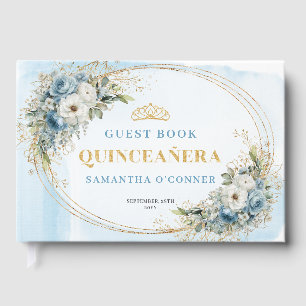 Boho Quinceañera Dusty Blue Gold Eucalyptus Guest Book