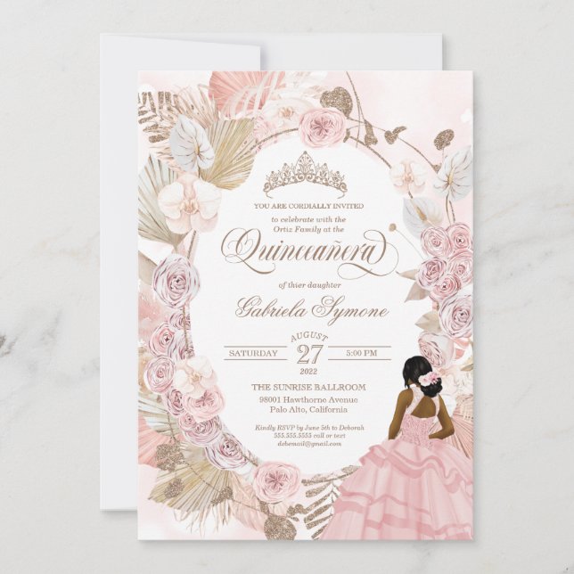 Boho Quinceanera Pink Roses Dried Floral Orchid  Invitation (Front)