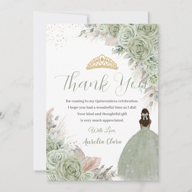 Boho Quinceanera Sage Green Floral Pampas Grass Thank You Card (Front)