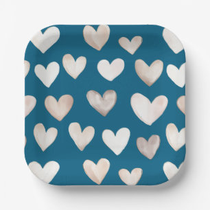 Boho Quirky Cream Beige Hearts Pattern Turquoise Paper Plate