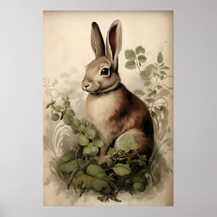 Boho Rabbit Bunny Print, Rustic Hare Cottagecore Poster