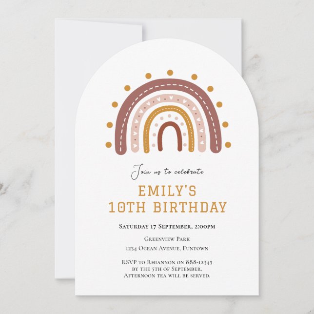 Boho Rainbow 10th birthday invitation (Front)