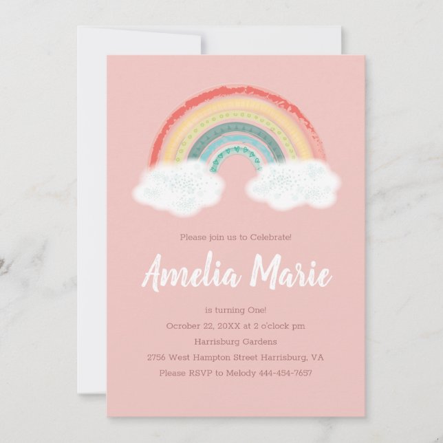 Boho Rainbow 1st Birthday Party Pink Girl Invitation (Front)