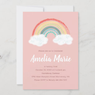 Boho Rainbow 1st Birthday Party Pink Girl Invitation