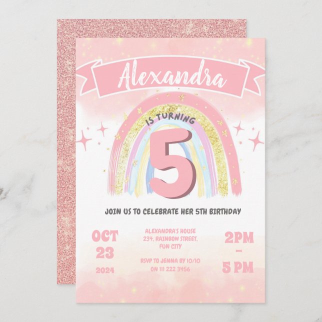 Boho Rainbow 5th Fifth Birthday Girl Glitter Invitation (Front/Back)