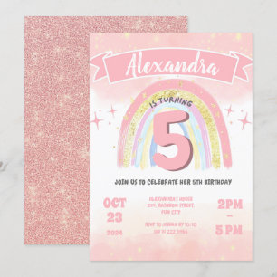 Boho Rainbow 5th Fifth Birthday Girl Glitter Invitation