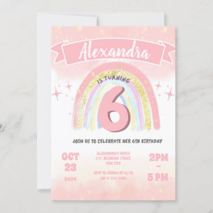 Boho Rainbow 6th Any Age Glitter Birthday Girl Invitation