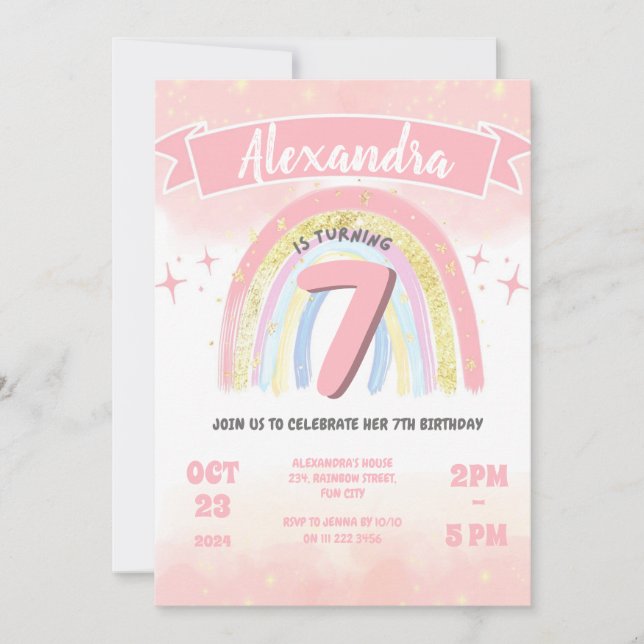 Boho Rainbow 7th Any Age Birthday Girl 4th 5th 6th Invitation (Front)