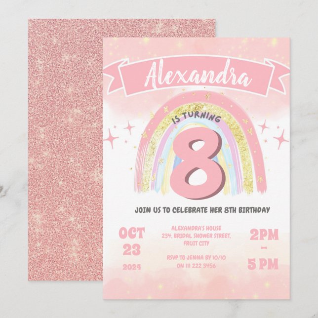 Boho Rainbow 8th Any Age Birthday Girl Glitter  Invitation (Front/Back)