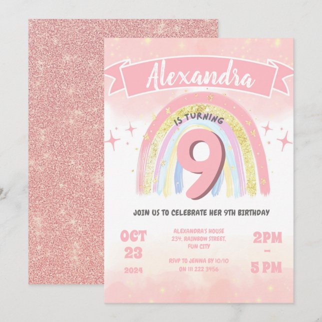 Boho Rainbow 9th Any Age Birthday Girl Glitter  Invitation (Front/Back)