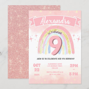 Boho Rainbow 9th Any Age Birthday Girl Glitter Invitation