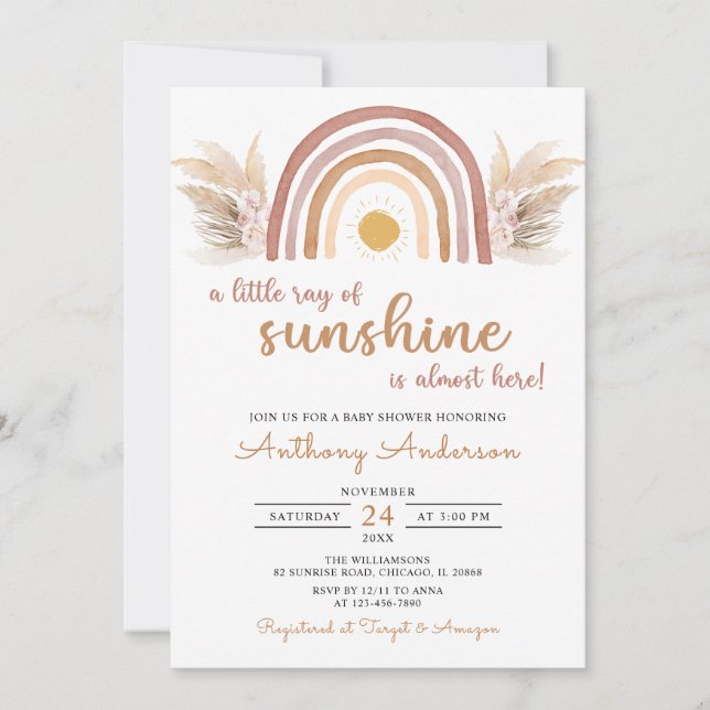 Boho Rainbow A Little Ray of Sunshine Baby Shower  Invitation (Front)