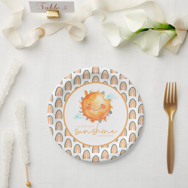 Boho Rainbow A Little Ray Of Sunshine Baby Shower Paper Plate (Wedding)