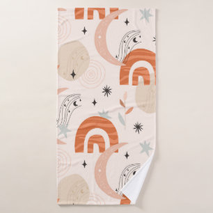 Boho rainbow abstract line art moon stars flowers bath towel