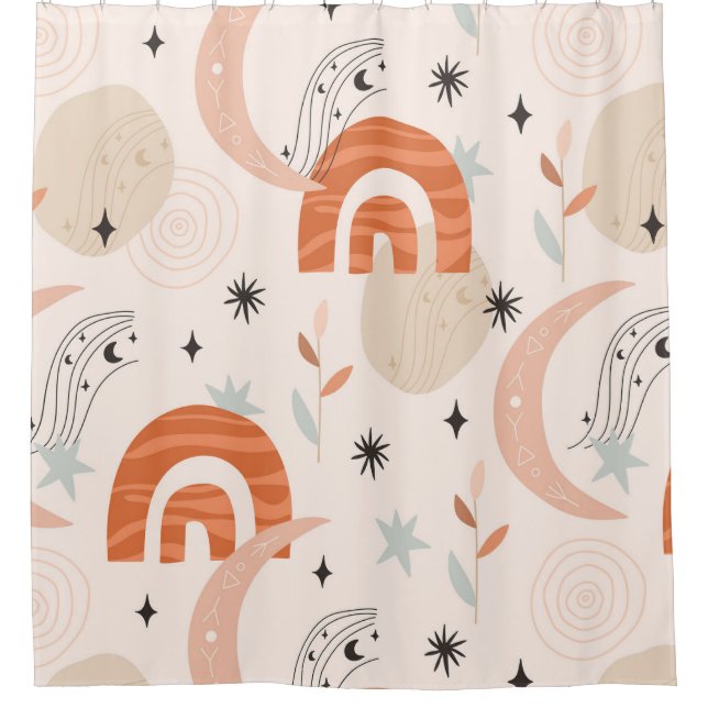 Boho rainbow abstract line art moon stars flowers shower curtain (Front)