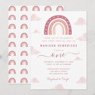Boho Rainbow and Clouds Pastel Pink Birthday Invitation