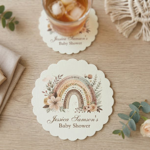 Boho Rainbow And Flowers Baby Shower Paper Coaster