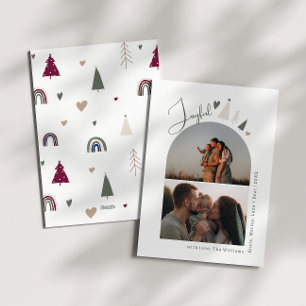 Boho Rainbow and Heart Arch Green Joyful Two Photo Holiday Card