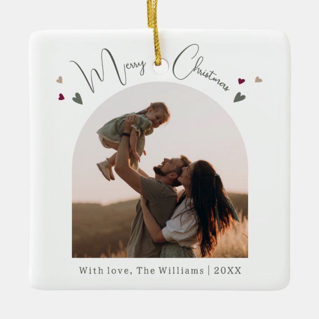 Boho Rainbow and Hearts Arch Merry Christmas Ceramic Ornament (Front)