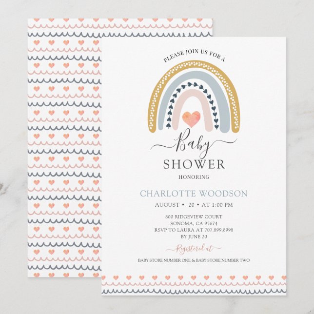 Boho Rainbow And Hearts Baby Shower Invitation (Front/Back)