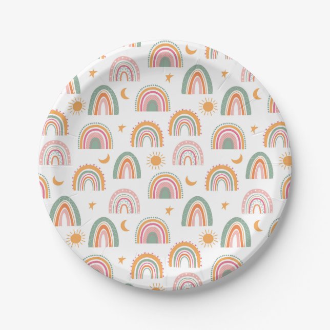Boho Rainbow and Sun Watercolor Paper Plate (Front)