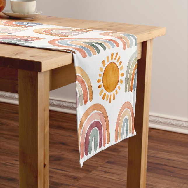 Boho Rainbow and Sun Watercolor Short Table Runner (In Situ)