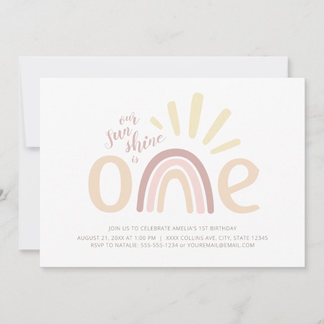 Boho Rainbow and Sunshine 1st Birthday Invitation (Front)