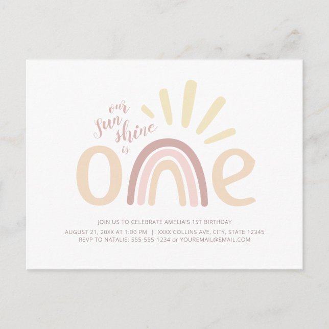 Boho Rainbow and Sunshine 1st Birthday Invitation Postcard (Front)