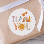 Boho Rainbow and Sunshine Colourful Thank You  Classic Round Sticker<br><div class="desc">watercolor colourful "thank you" boho rainbow,  sunshine and stars sticker. Perfect for baby showers,  birthdays and more! Gender neutral</div>