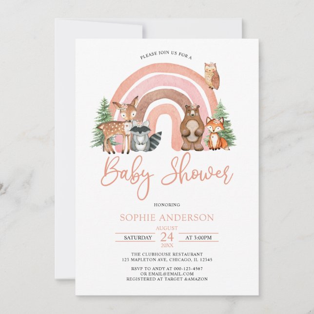Boho Rainbow And Woodland Animals Baby Shower Invitation (Front)