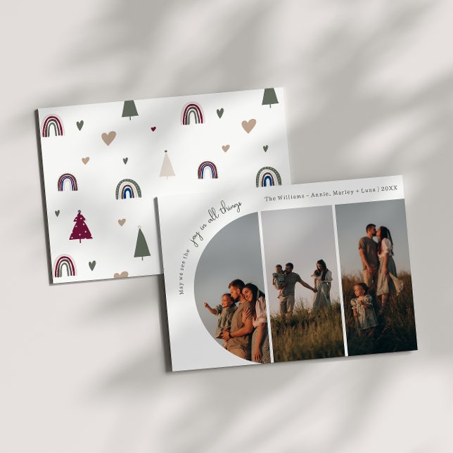Boho Rainbow Arch Joy In All Things 3 Photo Holiday Card (Creator Uploaded)