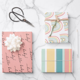 Boho Rainbow Baby Gender Neutral "Hello Baby" Wrap Wrapping Paper Sheet