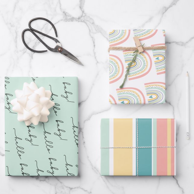 Boho Rainbow Baby Gender Neutral "Hello Baby" Wrap Wrapping Paper Sheet (Front)