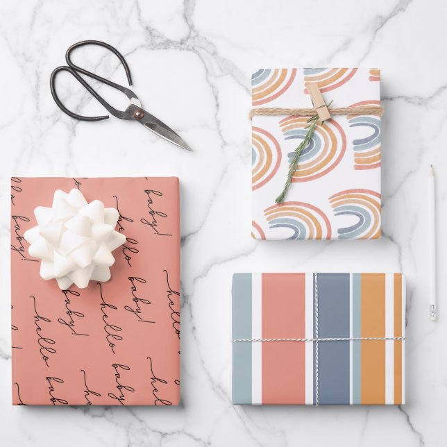 Boho Rainbow Baby Gender Neutral "Hello Baby" Wrap Wrapping Paper Sheet (Front)